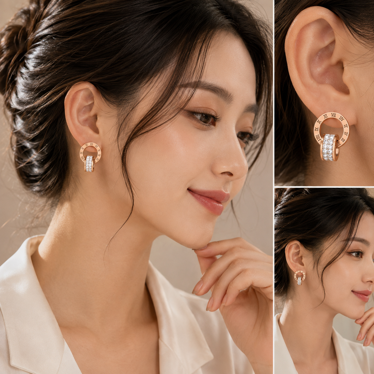 Rose Gold Roman Numeral Crystal Hoop Earrings